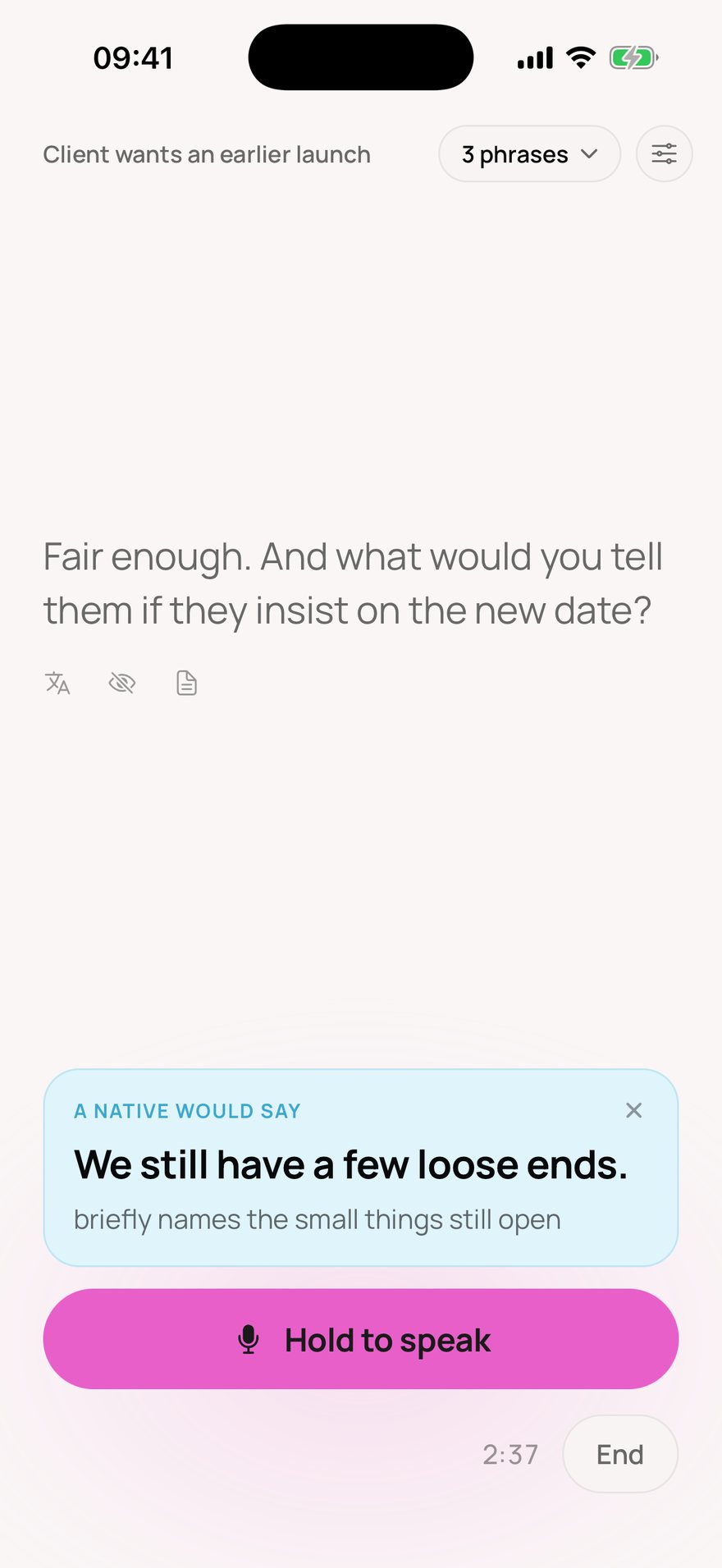 A Wispy conversation screen: a prompt showing how to say the same thing better