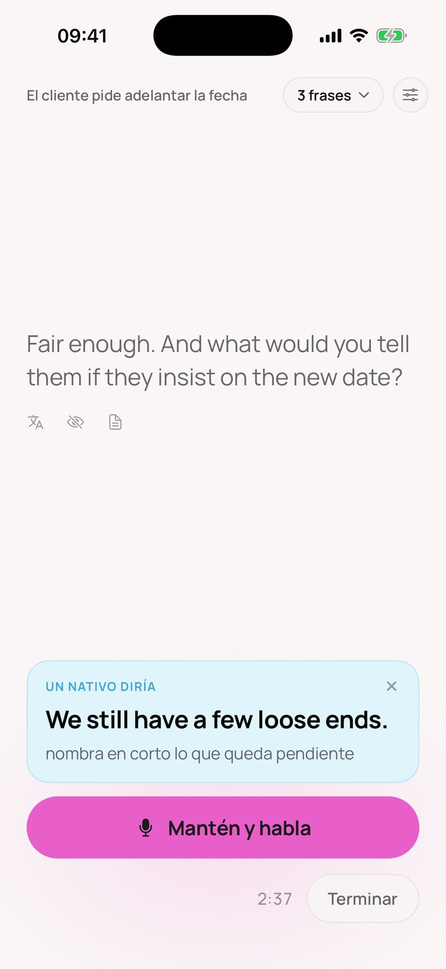 Pantalla de conversación de Wispy: una sugerencia para decir lo mismo mejor